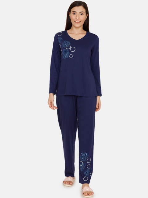 

Zivame Women Navy Blue & White Printed Detail Night Suit