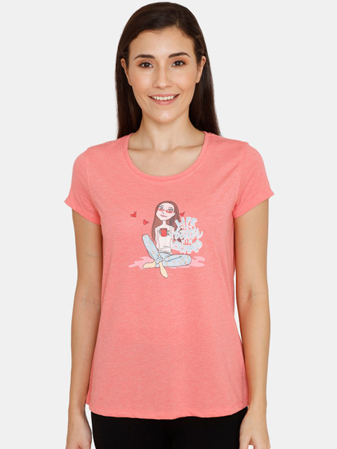 

Zivame Women Pink Printed Round Neck Pure Cotton T-shirt