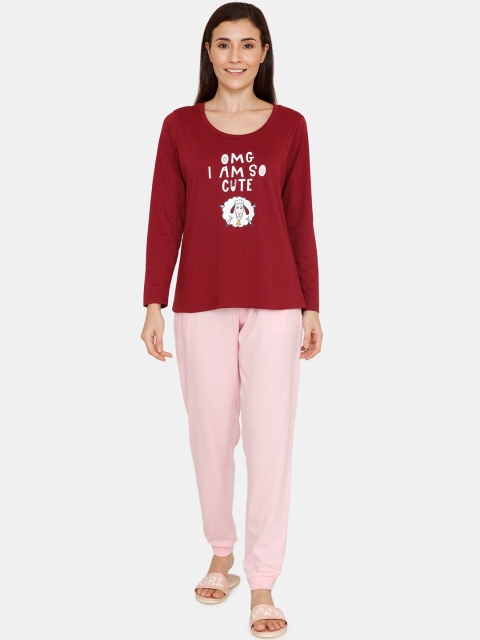 

Zivame Women Maroon & Pink Printed Night Suit