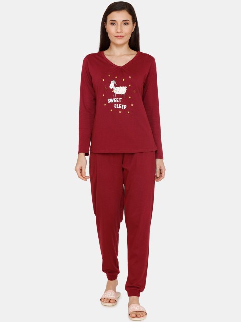 

Zivame Women Maroon & White Sheep Print Night Suit
