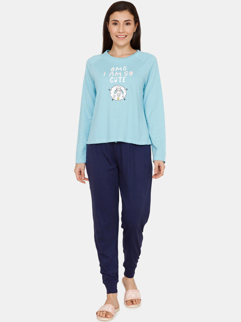 

Zivame Women Blue & White Printed Night Suit