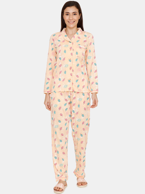 

Zivame Women Peach-Coloured & Blue Ice Cream Print Night suit