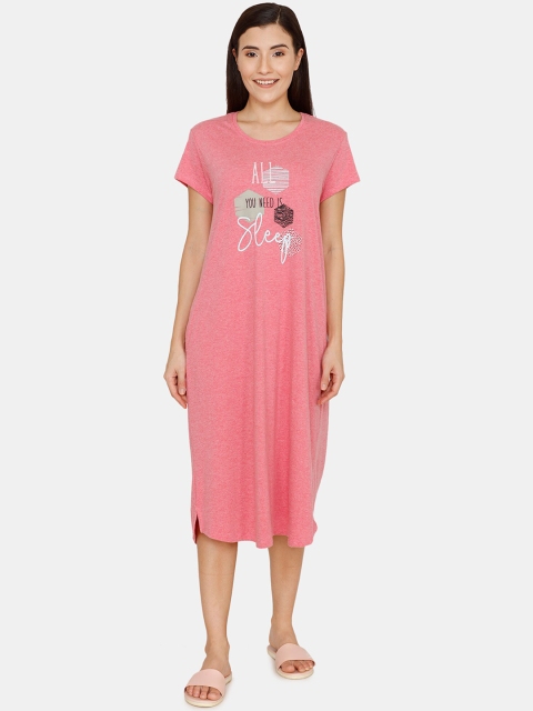 

Zivame Pink Melange & Grey Typography Print Midi Nightdress ZI60GH
