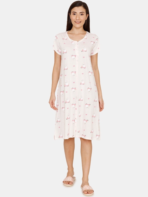 

Zivame Pink & White Quirky Print Pure Cotton Sleep Shirt