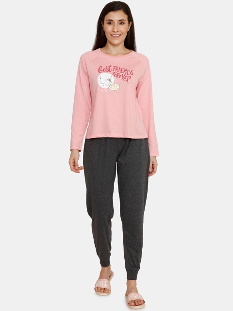 

Zivame Women Pink & Charcoal Grey Printed Night suit