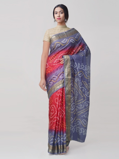 

Unnati Silks Red & Blue Pure Silk Woven Design Bandhani Sustainable Saree