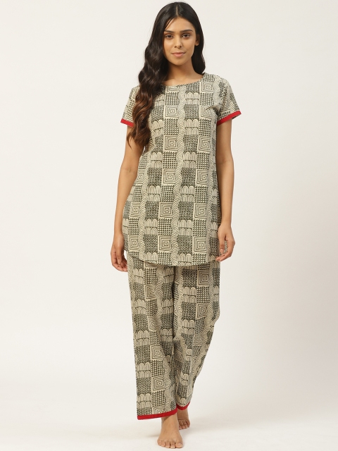 

Laabha Women Olive Green & Beige Printed Night Suit