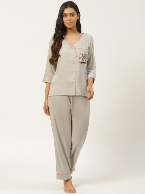 

Laabha Women Grey Zodiac Aquarius Embroidered Detail Night Suit
