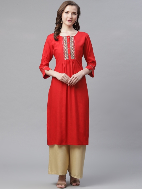

Divena Women Red Yoke Design Embroidered Straight Kurta