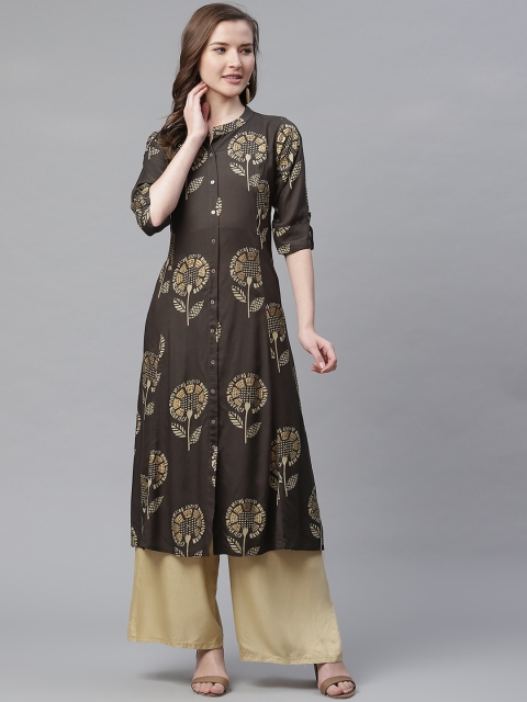 

Divena Women Taupe & Golden Foil Print A-Line Kurta