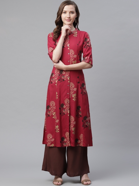 

Divena Women Maroon & Golden Foil Print A-Line Kurta