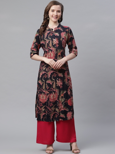 

Divena Women Black & Pink Floral Print A-Line Kurta