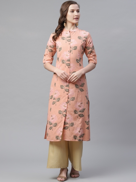 

Divena Women Peach-Coloured & Green Floral Print A-Line Kurta