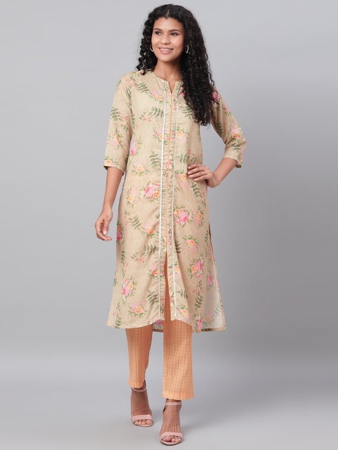 

Myshka Women Beige & Peach-Coloured Floral Print Kurta with Trousers