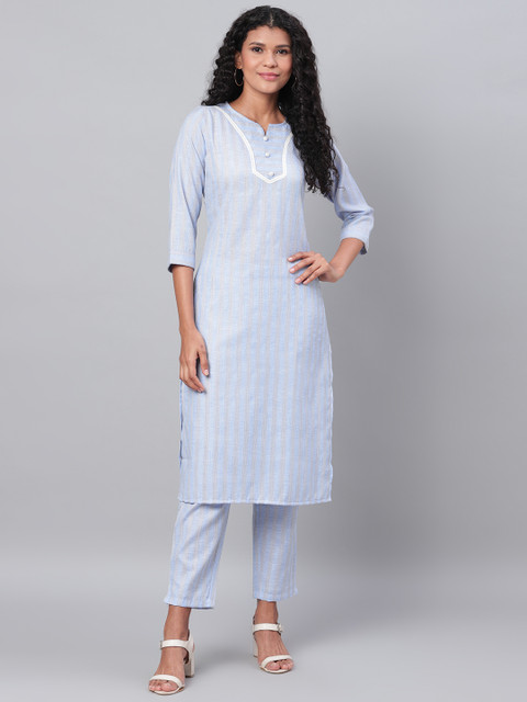 

Myshka Women Blue & Grey Striped Kurta with Trousers