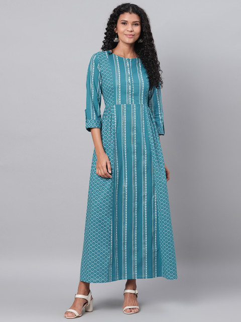 

Myshka Women Teal Blue & White Printed Maxi Dress