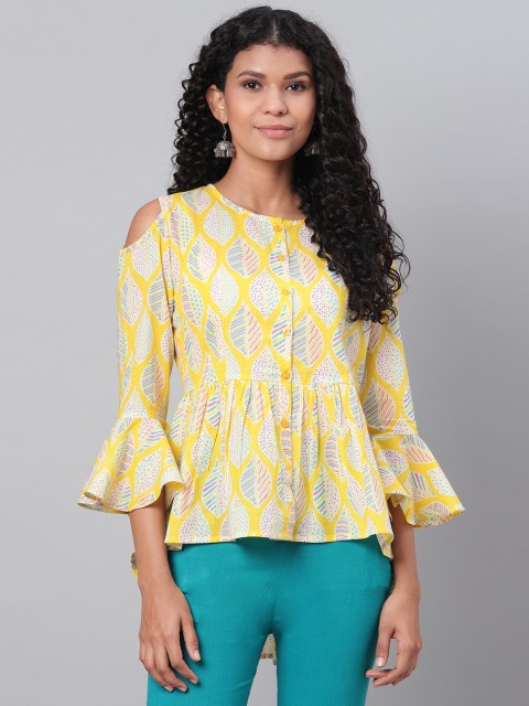 

Myshka Women Yellow & White Printed Cold-Shoulder High-Low Pure Cotton Top
