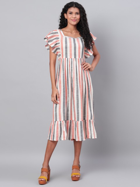 

Myshka Women Off-White & Peach-Coloured Striped A-Line Dress