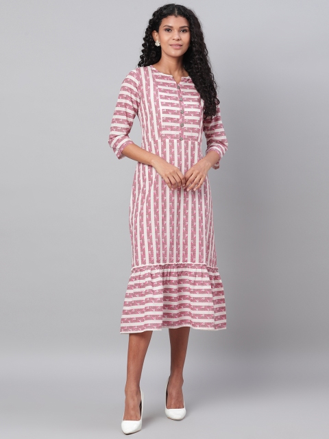 

Myshka Women Pink & Off-White Striped A-Line Dress