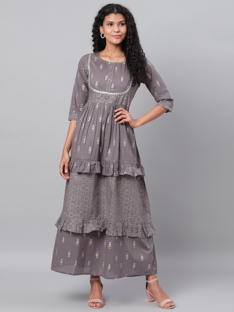 

Myshka Women Grey & Golden Printed Tiered Maxi Dress