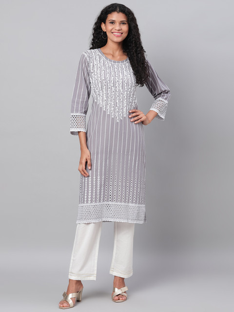 

Myshka Women Grey & White Embroidered Straight Kurta