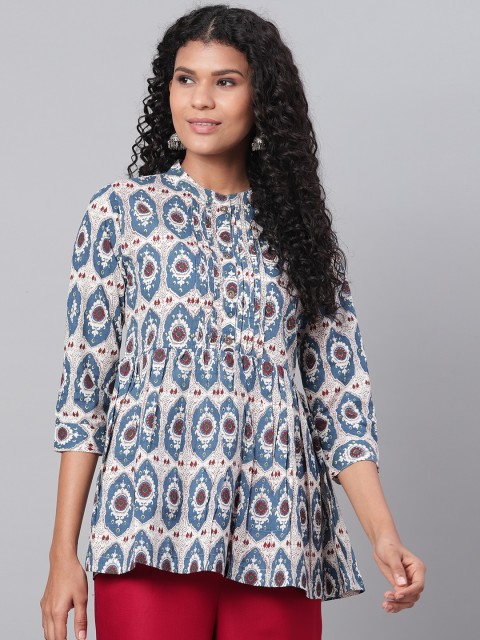 

Myshka Women White & Blue Printed A-Line Top