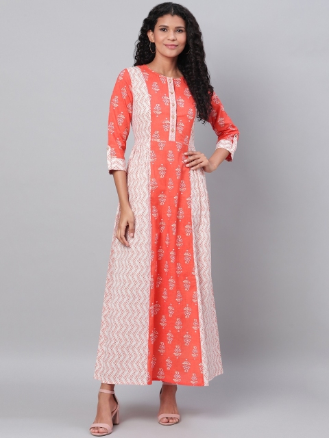 

Myshka Women Coral Orange & White Printed Maxi Dress