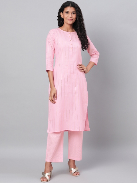

Myshka Women Pink & Golden Striped Kurta with Palazzos