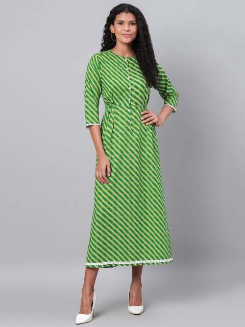 

Myshka Women Green & Off-White Striped Maxi Dress