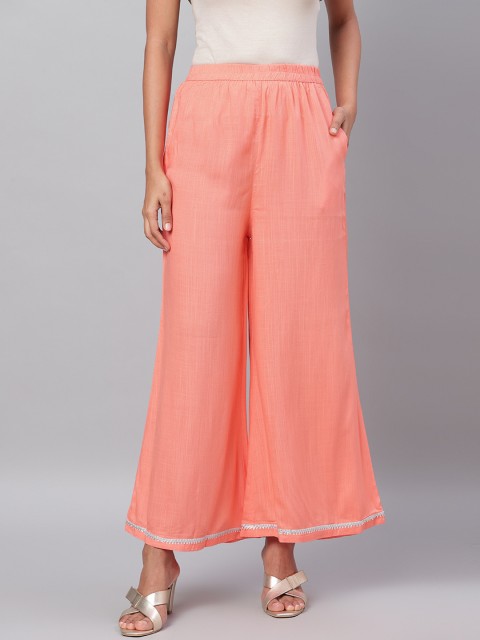 

Myshka Women Peach-Coloured Solid Wide Leg Palazzos