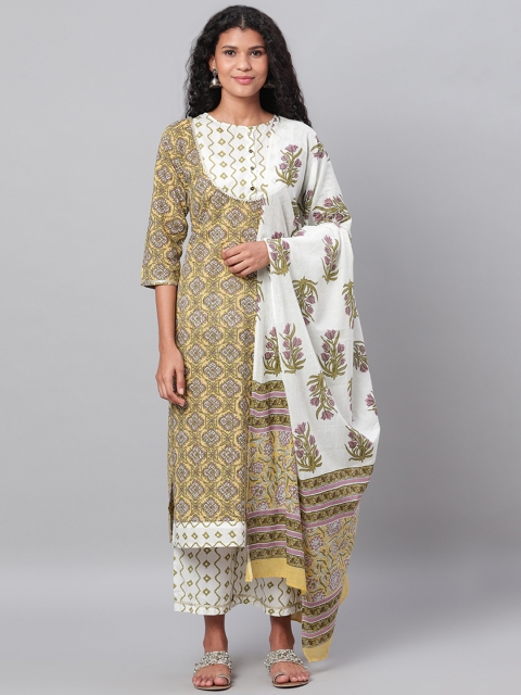 

Myshka Women Green & White Printed Kurta with Palazzos & Dupatta
