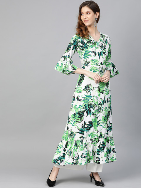 

Myshka Women White & Green Tropical Printed A-Line Kurta