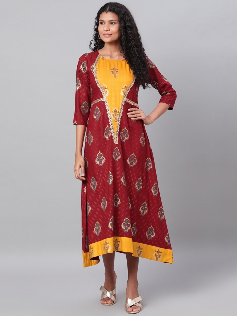 

Myshka Women Maroon & Yellow Ethnic Printed Asymmetric A-Line Dress
