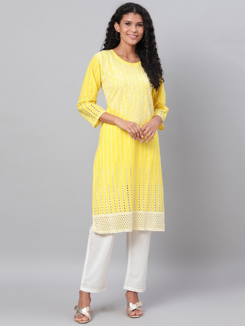 

Myshka Women Yellow & White Embroidered Straight Kurta