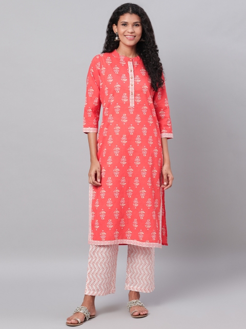 

Myshka Women Coral Orange & Beige Printed Kurta with Palazzos