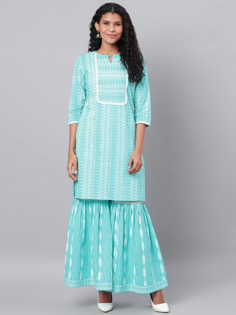 

Myshka Women Blue & White Printed Kurta with Sharara