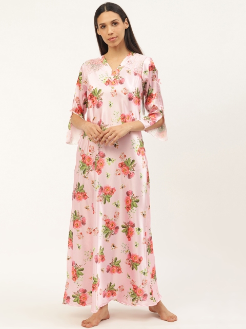 

Sweet Dreams Women Pink & Green Floral Print Satin Finish Maxi Nightdress
