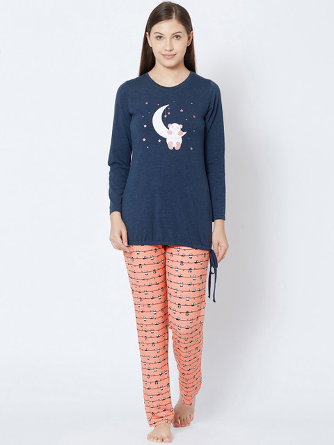 

Sweet Dreams Women Navy Blue & Peach-Coloured Printed Night suit