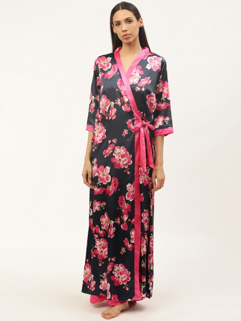 

Sweet Dreams Navy Blue & Pink Floral Print Satin Finish Nightdress With Robe