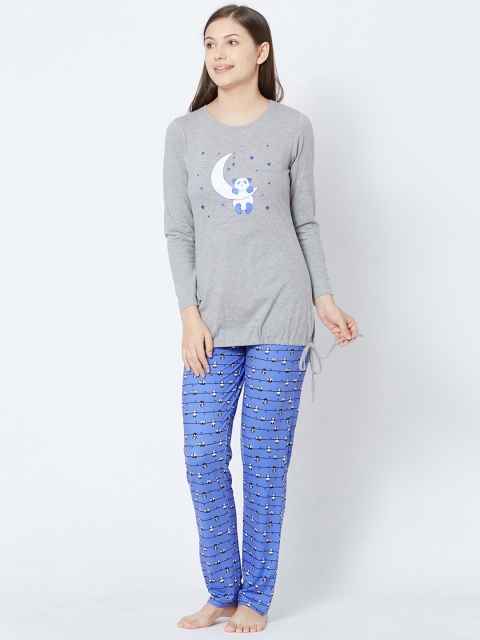 

Sweet Dreams Women Grey Melange & Blue Printed Night suit