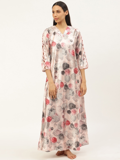 

Sweet Dreams Peach-Coloured & Black Floral Print Satin Finish Nightdress