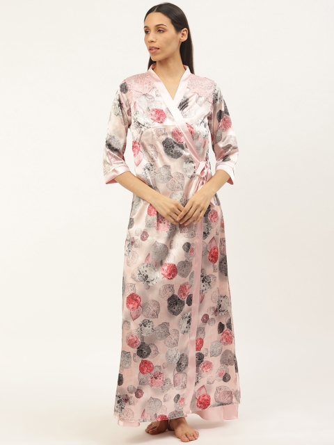

Sweet Dreams Peach-Coloured & Black Floral Print Satin Finish Nightdress With Robe
