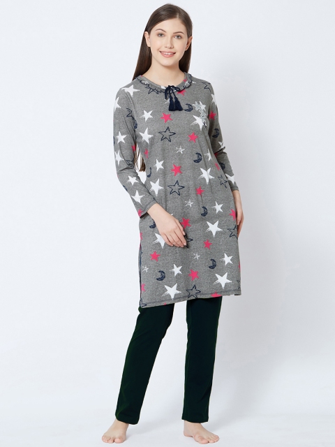 

Sweet Dreams Women Grey Melange & Black Printed Night suit