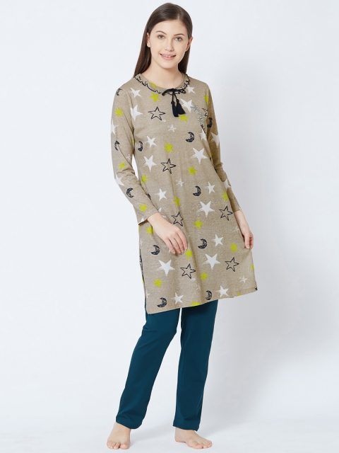 

Sweet Dreams Women Beige & Navy Blue Printed Night suit with Tie-Up Detail