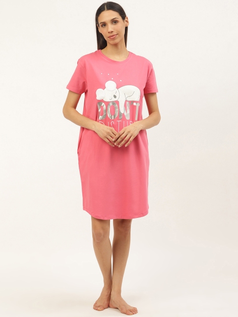 

Sweet Dreams Women Pink & White Pure Cotton Koala Print Knee Length Sleep T-shirts