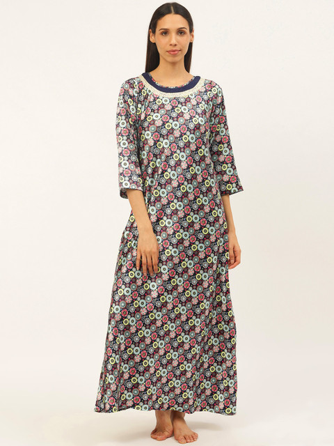 

Sweet Dreams Women Blue & Pink Geometric Print Satin Finish Maxi Nightdress