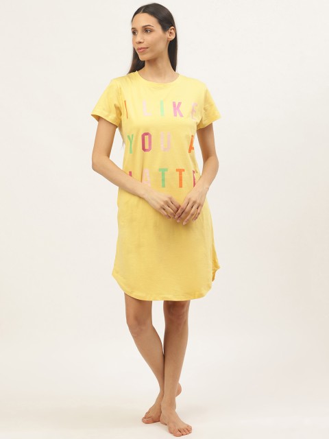 

Sweet Dreams Women Yellow & Pink Pure Cotton Printed Above Knee Length Sleep T-shirts