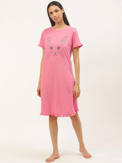 

Sweet Dreams Women Pink & Black Pure Cotton Cat Print Knee Length Sleep T-shirts