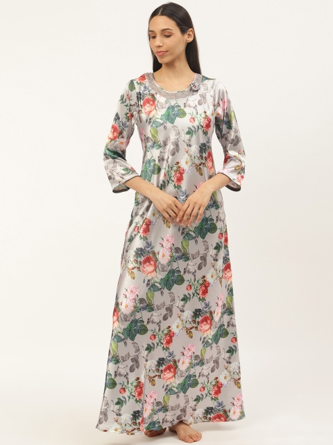 

Sweet Dreams Grey & Green Floral Print Satin Finish Nightdress
