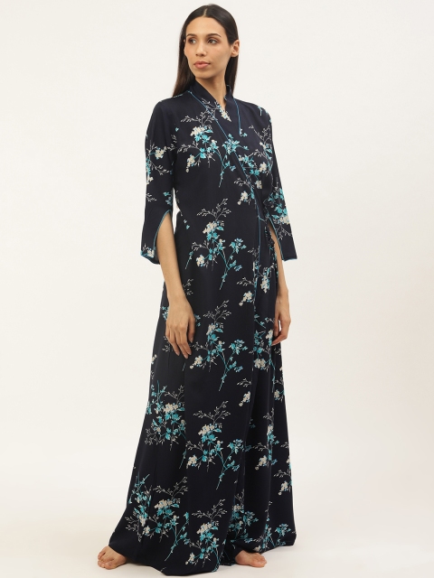 

Sweet Dreams Women Navy & White Floral Print Maxi Nightdress with Robe, Navy blue